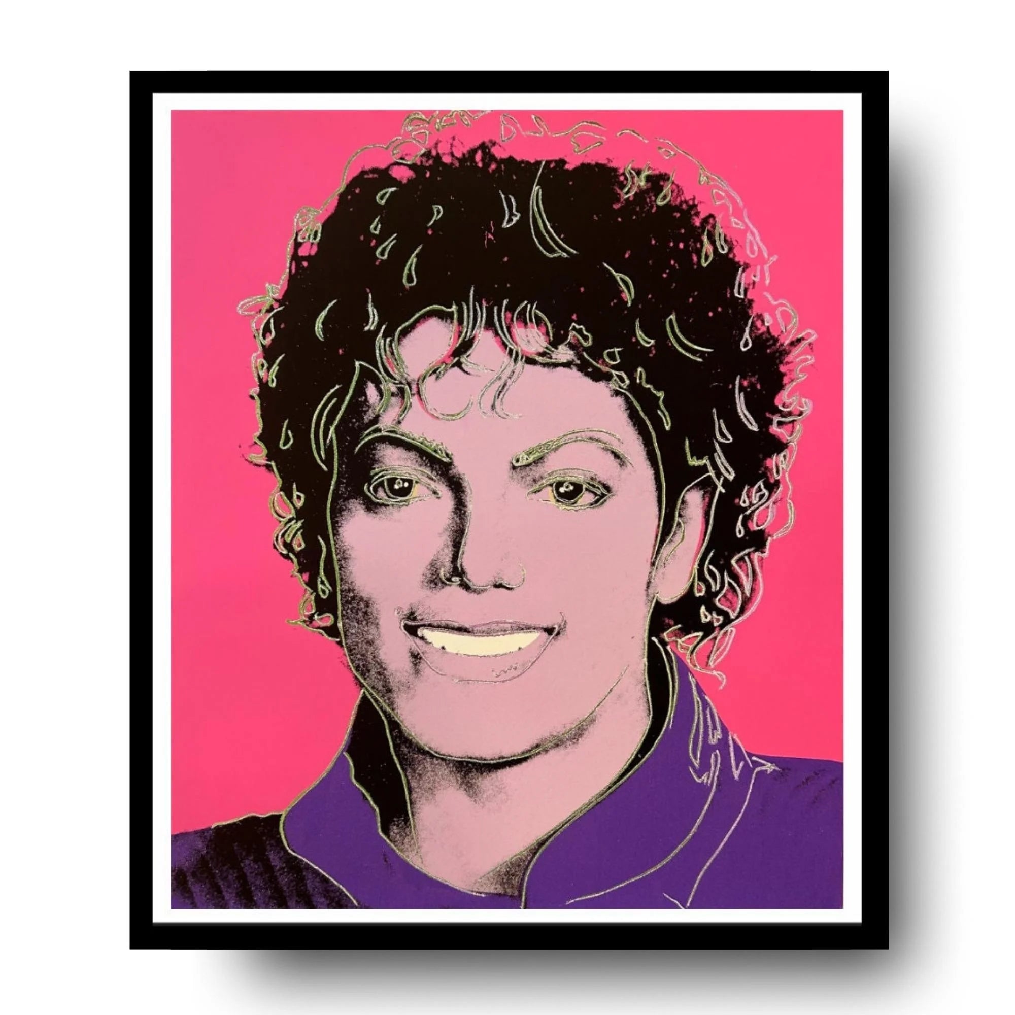 Framed artwork of Andy Warhol's stylized portrait of Michael Jackson with a pink background